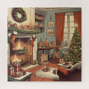 Retro Weihnachtswohnzimmer mit Weihnachtsbaum Puzzle