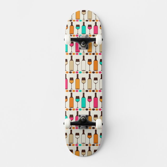 Retro Weinflaschen und -gläser Skateboard (Vorderseite)