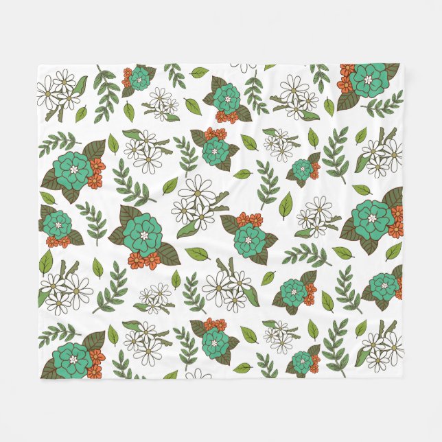 Retro Weiß und Grün Floral Fleecedecke (Vorderseite (Horizontal))