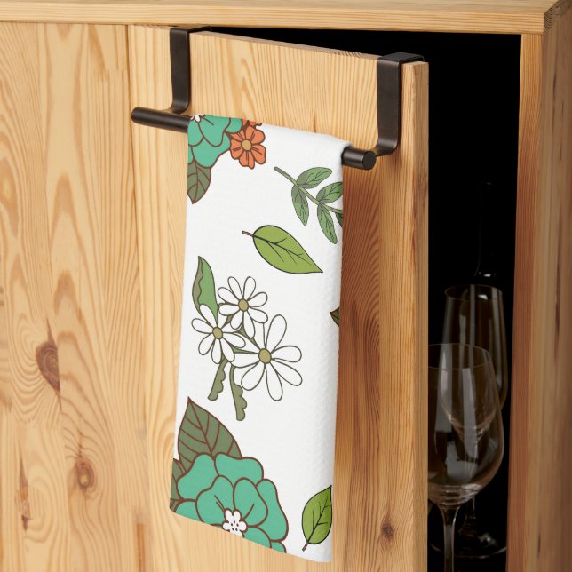 Retro Weiß und Grün Floral Geschirrtuch (Drittel gefaltet)