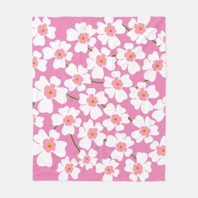Retro Weiß und Rosa Blume Ästhetisches Muster Fleecedecke (Vorderseite)