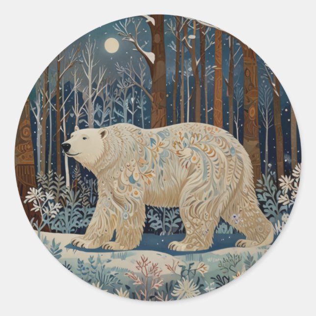 Retro-Weißbär boho Winterwald Runder Aufkleber (Vorderseite)