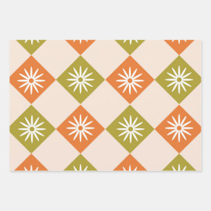 Retro-weiße Blume auf orangegrünen Diamanten Geschenkpapier Set