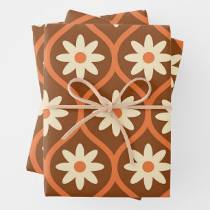 Retro weiße Blumen auf braunem Vintage-Ogee  Geschenkpapier Set