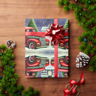 Retro Weiße Weihnachten Vintage Roter LKW und Bäum Geschenkpapier