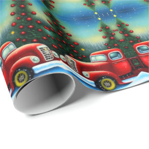 Retro Weiße Weihnachten Vintage Roter LKW und Bäum Geschenkpapier