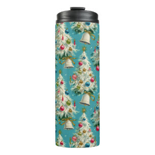 Retro Weiße Weihnachtsbäume Blau Thermosbecher