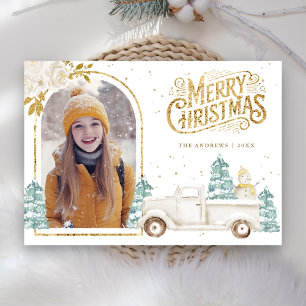 Retro Weißer LKW Schneemann Gold Weihnachten Foto