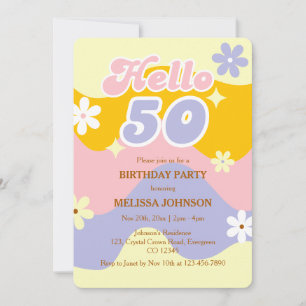 Retro-Welle Groovy-Blume Hallo 50. Geburtstag Einladung