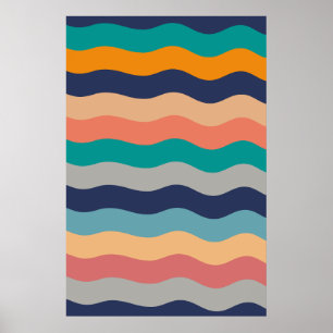 Retro-Wellenlinien - Blau Türkis Orange Poster