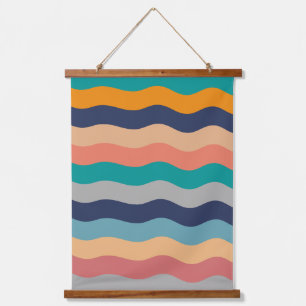 Retro-Wellenlinien - Blau Türkis Orange Wandteppich Mit Holzrahmen