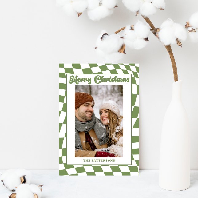 Retro Wellig Kariert Salbeigrün Foto Weihnachten (Von Creator hochgeladen)