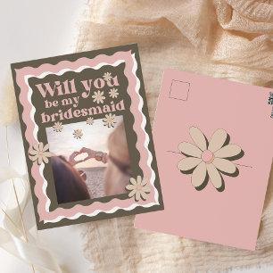Retro-Wellige Pink-Braune Brautjungfer-Einladung Postkarte