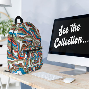Retro-Wellige Streifen Grün Blau Rot Monogramm Nam Bedruckter Rucksack