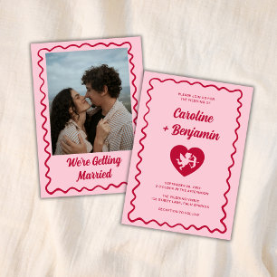 Retro-Welliges Rahmen Rot Rosa Cupid Herz Hochzeit Einladung