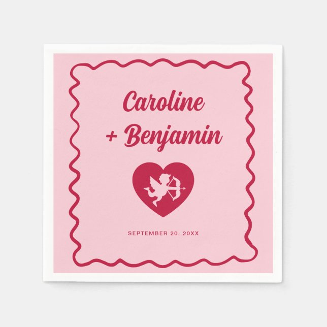 Retro-Welliges Rahmen-Rot-Rosa-Cupid-Herz-Hochzeit Serviette (Vorderseite)