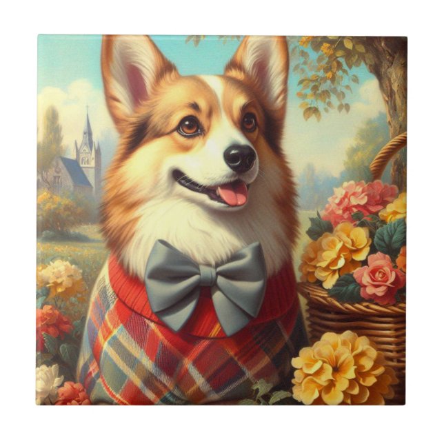 Retro Welsh Corgi Cardigan Painting Fliese (Vorderseite)