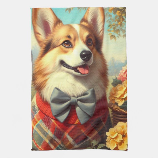 Retro Welsh Corgi Cardigan Painting Geschirrtuch (Vertikal)