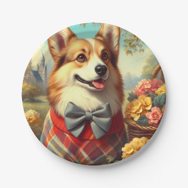 Retro Welsh Corgi Cardigan Painting Pappteller (Vorderseite)