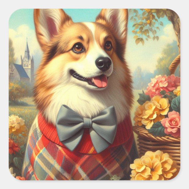 Retro Welsh Corgi Cardigan Painting Quadratischer Aufkleber (Vorderseite)