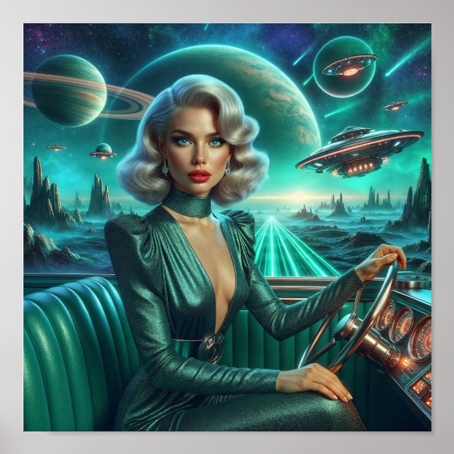 Retro Weltraum Mädchen Poster (Vorne)