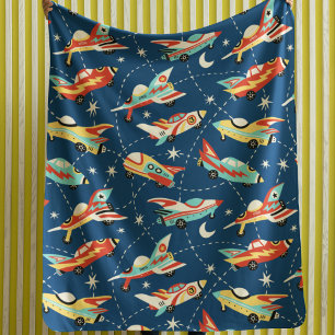 Retro-Weltraum-Raketen-Autos Blau Kinder Muster Sherpadecke