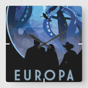 Retro-Weltraum-Reiseposter - Jupiters Mond Europa. Quadratische Wanduhr