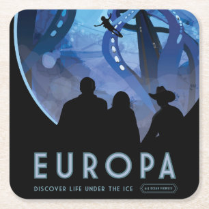 Retro-Weltraum-Reiseposter - Jupiters Mond Europa. Rechteckiger Pappuntersetzer