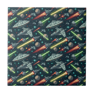 Retro Weltraumkampf Sci-Fi Raumschiff Comic Muster Fliese