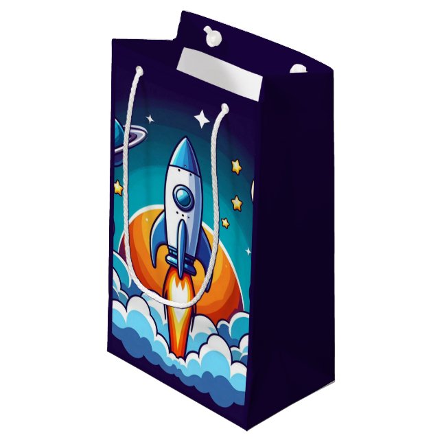 Retro, Weltraumrakete Kleine Geschenktüte (Vorderseite Schrägansicht)