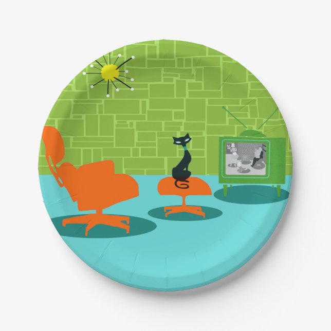 Retro Weltraumzeitalter-Miezekatze-Pappteller Pappteller (Vorderseite)