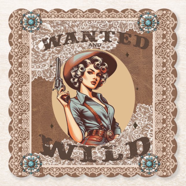Retro Western Gewollt & Wild Cowgirl Untersetzer (Vorderseite)