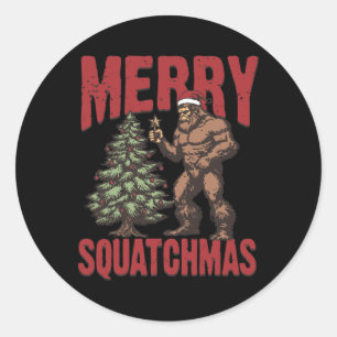 Retro Western Merry Squatchmas Funny Bigfoot Santa Runder Aufkleber