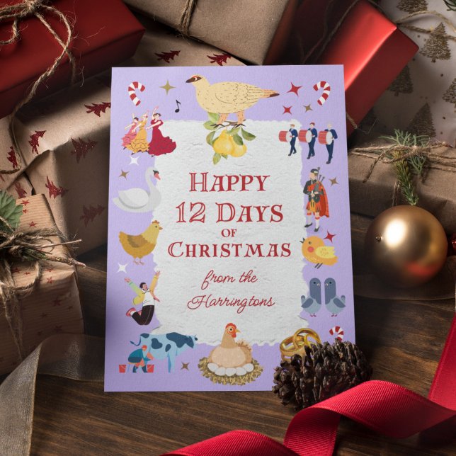 Retro Whimsical 12 Tage Weihnachten (On this whimsical card, "12 Days of Christmas" images appear against a pastel lavender background.)