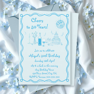 Retro whimsical aqua blue scribble Geburtstag Einladung