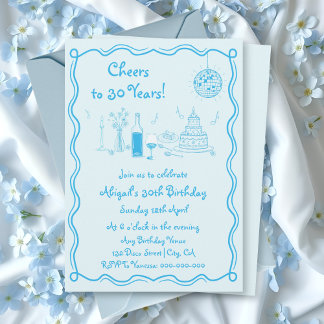 Retro whimsical aqua blue scribble Geburtstag Einladung
