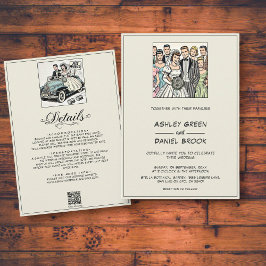 Retro Whimsical Bridge and Groom 50er Comic Weddin Einladung
