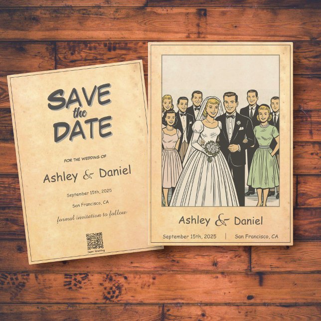 Retro Whimsical Bridge and Groom Comic Book Weddin Save The Date (Von Creator hochgeladen)