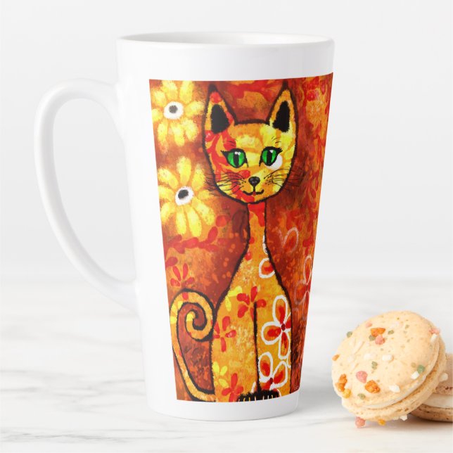Retro Whimsical Cat Kitty Floral Orange Yellow Red Milchtasse (Beispiel)