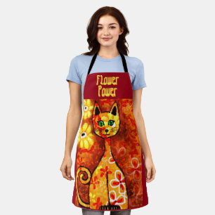 Retro Whimsical Cat Kitty Floral Orange Yellow Red Schürze