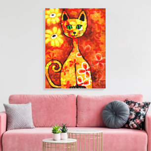 Retro Whimsical Cat Kitty Floral Yellow Orange Leinwanddruck