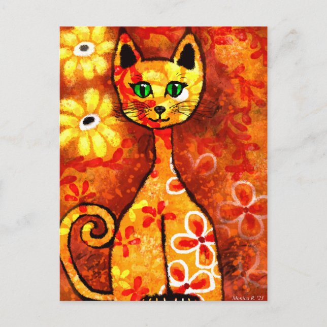 Retro Whimsical Cat Kitty Floral Yellow Orange Postkarte (Vorderseite)