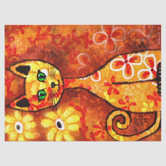 Retro Whimsical Cat Kitty Floral Yellow Orange Seidenpapier (Vorderseite)
