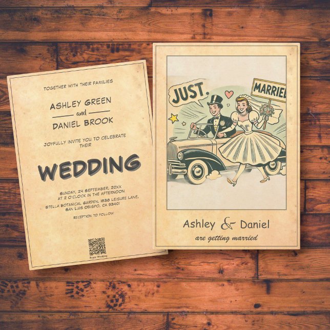 Retro Whimsical Couple Just Married Comic Hochzeit Einladung (Von Creator hochgeladen)