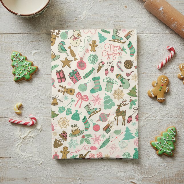 Retro Whimsical Doodles Weihnachten Geschirrtuch (Von Creator hochgeladen)