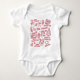  Retro Whimsical Festive Red Christmas Doodles Baby Strampler