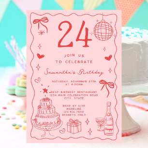 Retro Whimsical Quirky Red Pink 24. Geburtstag Einladung