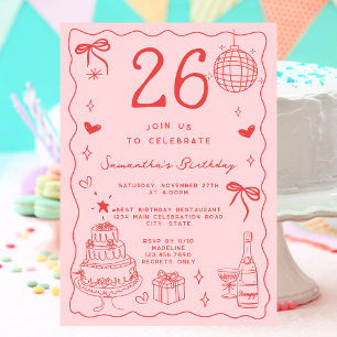 Retro Whimsical Quirky Red Pink 26. Geburtstag Einladung