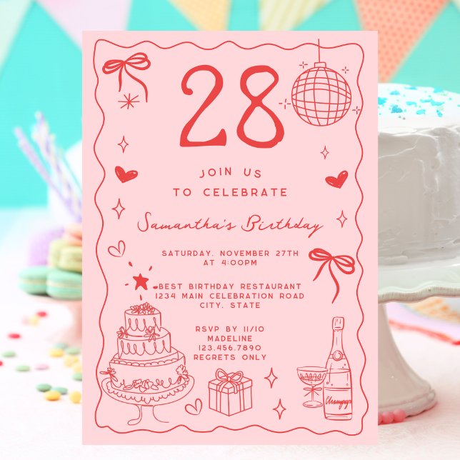 Retro Whimsical Quirky Red Pink 28. Geburtstag Einladung (Von Creator hochgeladen)