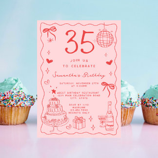 Retro Whimsical Quirky Red Pink 35. Geburtstag Einladung